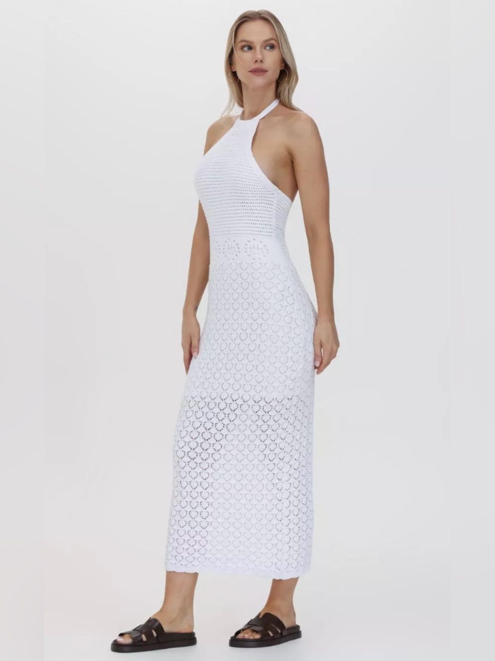 Frye Textured Knit Bright White Crochet Halter Midi Dress Sweater Dress M NWT
